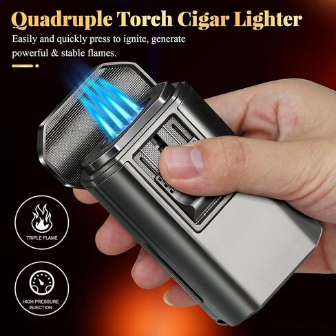 Cigar Lighter and Cutter, Powerful 4 Jet Flame Torch Lighters, with Punch Built in, Big Holder, Cigar lighters Set, Thanksgiving Christmas Day Gift (NO Gas) in Saudi Arabia