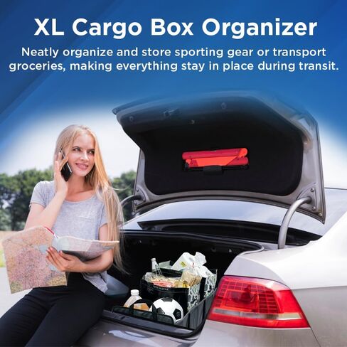 XL Cargo Box Organizer – Fits in the Trunk, Three Compartments, Grab Handles, Collapsible Design, Fits Full Size Grocery Totes - PVC-Free-14 L x 12" H x 27" W in Saudi Arabia