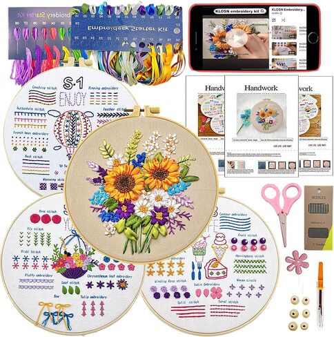 KLOSN 3 Sets Embroidery Kit for Beginners Adults with Stamped Flower Patterns, Needlepoint Kits for Adults, Cross Stitch Kits for Beginner Kids Include 35+ Stitches, Needle Tools, Video Tutorial in Saudi Arabia