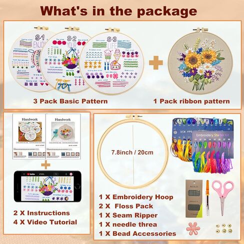 KLOSN 3 Sets Embroidery Kit for Beginners Adults with Stamped Flower Patterns, Needlepoint Kits for Adults, Cross Stitch Kits for Beginner Kids Include 35+ Stitches, Needle Tools, Video Tutorial in Saudi Arabia