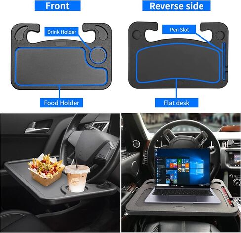 مكتب سيارة مقود السيارة | 2 في 1 مكتب سيارة عجلة القيادة | طاولة طعام للسيارة | مكتب سيارة متعدد الوظائف، مكتب كمبيوتر للسيارة، مناسب لمعظم عجلة قيادة المركبات (عبوة واحدة) in Kuwait