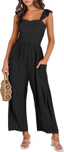 ANRABESS Women Summer Casual Dressy Sleeveless Smocked Wide Leg Linen Jumpsuits Rompers Outfits with Pockets in Kuwait