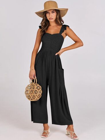 ANRABESS Women Summer Casual Dressy Sleeveless Smocked Wide Leg Linen Jumpsuits Rompers Outfits with Pockets in Kuwait