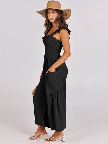 ANRABESS Women Summer Casual Dressy Sleeveless Smocked Wide Leg Linen Jumpsuits Rompers Outfits with Pockets in Kuwait