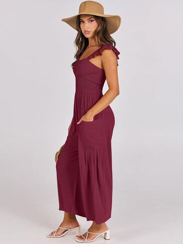 ANRABESS Women Summer Casual Dressy Sleeveless Smocked Wide Leg Linen Jumpsuits Rompers Outfits with Pockets in Saudi Arabia