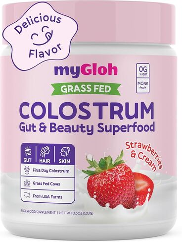 Colostrum Powder Premium | Gut Health & Bloating, Hair Growth & Skin Glow, Immunity | Natural Flavor Strawberries & Cream | Grass-Fed Bovine Colostrum Supplement | High IgG, Gluten Free, Bioactives in Saudi Arabia