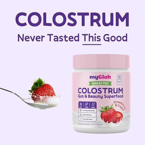 Colostrum Powder Premium | Gut Health & Bloating, Hair Growth & Skin Glow, Immunity | Natural Flavor Strawberries & Cream | Grass-Fed Bovine Colostrum Supplement | High IgG, Gluten Free, Bioactives in Saudi Arabia