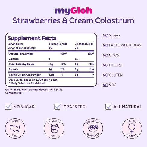 Colostrum Powder Premium | Gut Health & Bloating, Hair Growth & Skin Glow, Immunity | Natural Flavor Strawberries & Cream | Grass-Fed Bovine Colostrum Supplement | High IgG, Gluten Free, Bioactives in Saudi Arabia