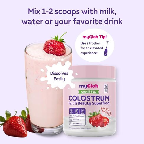 Colostrum Powder Premium | Gut Health & Bloating, Hair Growth & Skin Glow, Immunity | Natural Flavor Strawberries & Cream | Grass-Fed Bovine Colostrum Supplement | High IgG, Gluten Free, Bioactives in Saudi Arabia