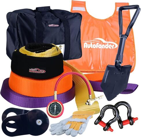 مجموعة أدوات سحب السحب الحركية 11 - مجموعة أدوات الاسترداد للطرق الوعرة 4 × 4، 3 أشرطة خطف، 2 أغلال على شكل حرف D، كتلة خطف، مجرفة بقاء قابلة للطي، جهاز تفريغ الهواء من الإطارات، قفازات جلدية، أداة ترطيب الونش، حقيبة تروس، حبل سحب عالي التحمل in Kuwait