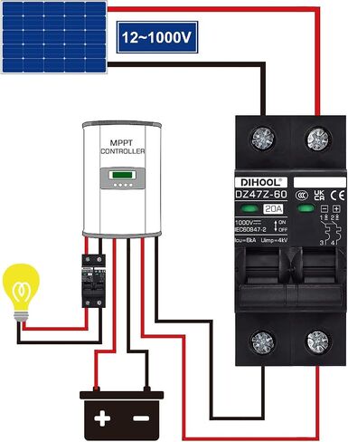 DIHOOL DC Circuit Breaker 20 Amp Solar Disconnect Switch 2P 1000V for PV, UPS, RV Battery,DIN Rail Mount in Kuwait