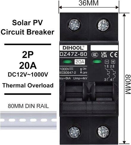 DIHOOL DC Circuit Breaker 20 Amp Solar Disconnect Switch 2P 1000V for PV, UPS, RV Battery,DIN Rail Mount in Kuwait