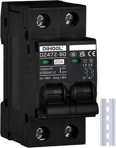 DIHOOL DC Circuit Breaker 20 Amp Solar Disconnect Switch 2P 1000V for PV, UPS, RV Battery,DIN Rail Mount in Kuwait