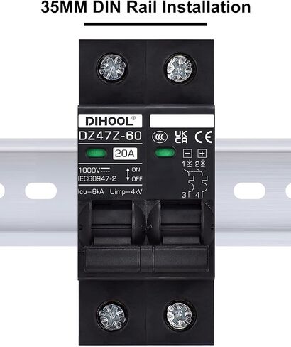 DIHOOL DC Circuit Breaker 20 Amp Solar Disconnect Switch 2P 1000V for PV, UPS, RV Battery,DIN Rail Mount in Kuwait
