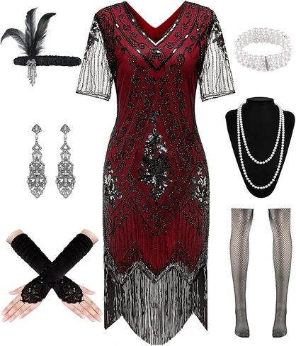 WILDPARTY 1920S Women Flapper Dress Sequin Dress V Neck Lace Fringed Dress Costume With Roaring 20s Accessories in Kuwait