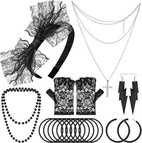 إكسسوارات PAXCOO 80s للنساء، إكسسوارات أزياء الثمانينيات للنساء، أقراط عصابة الرأس، قلادة قفازات شبكة صيد السمك in Kuwait