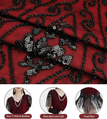 WILDPARTY 1920S Women Flapper Dress Sequin Dress V Neck Lace Fringed Dress Costume With Roaring 20s Accessories in Kuwait