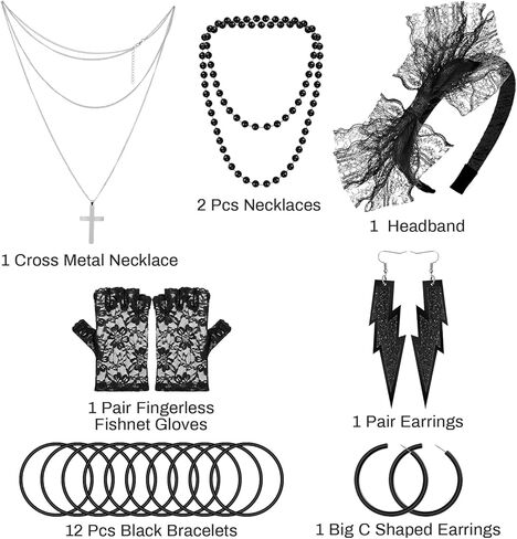 إكسسوارات PAXCOO 80s للنساء، إكسسوارات أزياء الثمانينيات للنساء، أقراط عصابة الرأس، قلادة قفازات شبكة صيد السمك in Kuwait