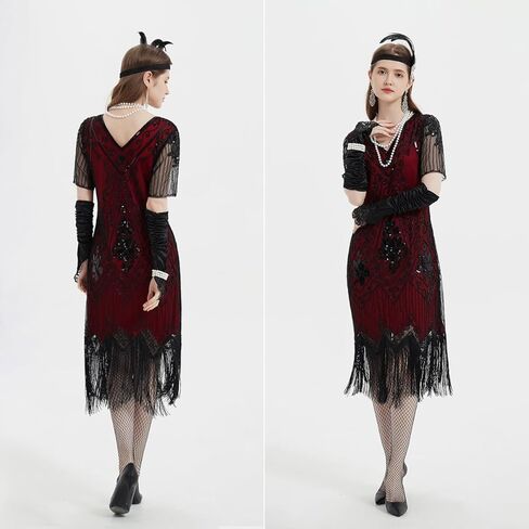 WILDPARTY 1920S Women Flapper Dress Sequin Dress V Neck Lace Fringed Dress Costume With Roaring 20s Accessories in Kuwait