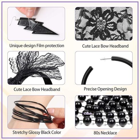 إكسسوارات PAXCOO 80s للنساء، إكسسوارات أزياء الثمانينيات للنساء، أقراط عصابة الرأس، قلادة قفازات شبكة صيد السمك in Kuwait