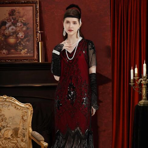 WILDPARTY 1920S Women Flapper Dress Sequin Dress V Neck Lace Fringed Dress Costume With Roaring 20s Accessories in Kuwait