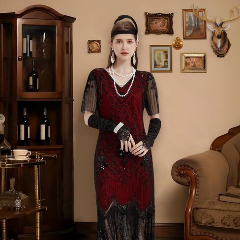 WILDPARTY 1920S Women Flapper Dress Sequin Dress V Neck Lace Fringed Dress Costume With Roaring 20s Accessories in Kuwait