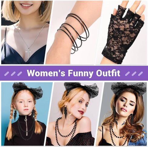 إكسسوارات PAXCOO 80s للنساء، إكسسوارات أزياء الثمانينيات للنساء، أقراط عصابة الرأس، قلادة قفازات شبكة صيد السمك in Kuwait