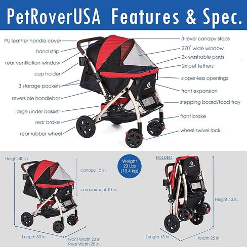 HPZ Pet Rover Premium Heavy Duty DogCat Stroller Travel Carriage CompartmentZipperless EntryPump-Free Rubber Tires Small, Medium, Large Pets (Black 2nd-Gen.), X-Large (Pack of 1) in Saudi Arabia