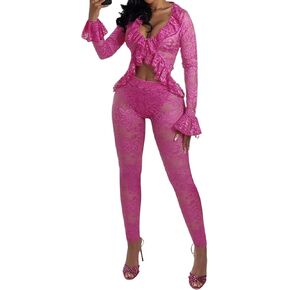 Uni Clau Women Sexy 2 Piece Outfits Lace Hollow Out Ruffle Long Sleeve Crop Top Pants Set Clubwear Jumpsuit in Kuwait