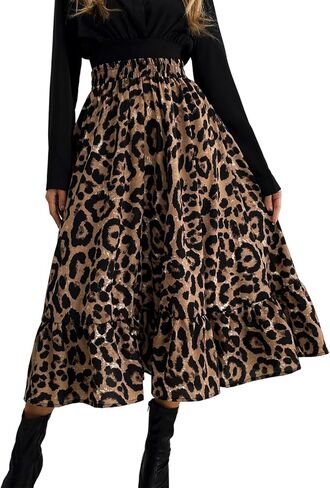 utcoco Womens 2025 Fall Leopard Elastic High Waist Long Skirt Elegant Flowy Swing Ruffle A-Line Midi Skirt in Saudi Arabia