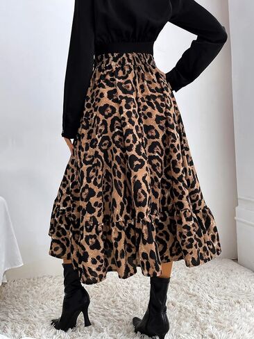 utcoco Womens 2025 Fall Leopard Elastic High Waist Long Skirt Elegant Flowy Swing Ruffle A-Line Midi Skirt in Saudi Arabia
