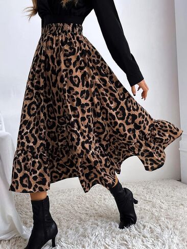 utcoco Womens 2025 Fall Leopard Elastic High Waist Long Skirt Elegant Flowy Swing Ruffle A-Line Midi Skirt in Saudi Arabia