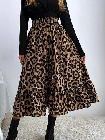 utcoco Womens 2025 Fall Leopard Elastic High Waist Long Skirt Elegant Flowy Swing Ruffle A-Line Midi Skirt in Saudi Arabia