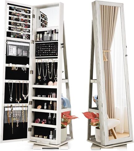 Full Length Mirror with Storage, Lockable 360° Swivel Jewelry Cabinet Standing w/Inside Makeup Mirror & Back Shelves, Large Floor Stand up Mirrored Jewelry Armoire Organizer (Espresso) in Saudi Arabia