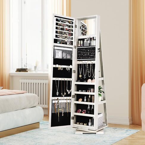 Full Length Mirror with Storage, Lockable 360° Swivel Jewelry Cabinet Standing w/Inside Makeup Mirror & Back Shelves, Large Floor Stand up Mirrored Jewelry Armoire Organizer (Espresso) in Saudi Arabia
