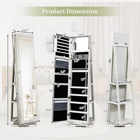 Full Length Mirror with Storage, Lockable 360° Swivel Jewelry Cabinet Standing w/Inside Makeup Mirror & Back Shelves, Large Floor Stand up Mirrored Jewelry Armoire Organizer (Espresso) in Saudi Arabia