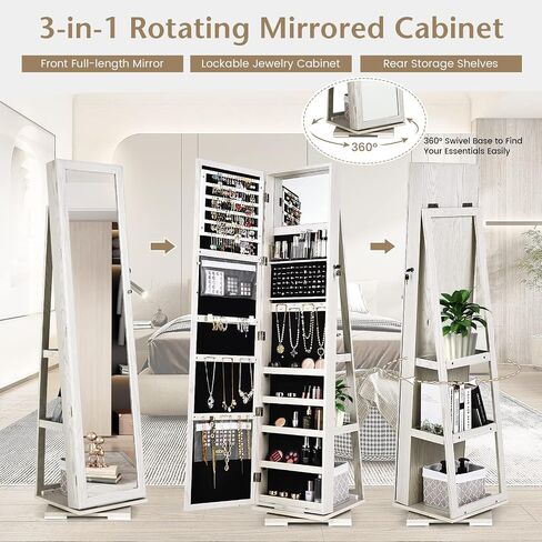 Full Length Mirror with Storage, Lockable 360° Swivel Jewelry Cabinet Standing w/Inside Makeup Mirror & Back Shelves, Large Floor Stand up Mirrored Jewelry Armoire Organizer (Espresso) in Saudi Arabia