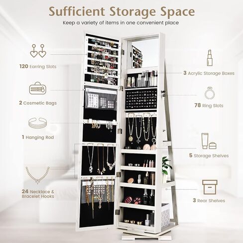 Full Length Mirror with Storage, Lockable 360° Swivel Jewelry Cabinet Standing w/Inside Makeup Mirror & Back Shelves, Large Floor Stand up Mirrored Jewelry Armoire Organizer (Espresso) in Saudi Arabia