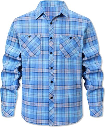 Cromoncent Mens Casual Flannel Shirts Long Sleeve Western Plaid Shirt with Double Chest Pockets,Blue Plaid,Large in Saudi Arabia