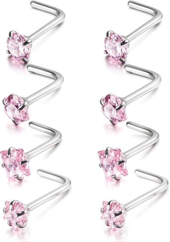 8Pcs Nose Rings Studs 20G Stainless Steel Nose Studs L Shaped Nostril Piercing Jewelry with Pink Cubic Zirconia for Women & Men in Saudi Arabia