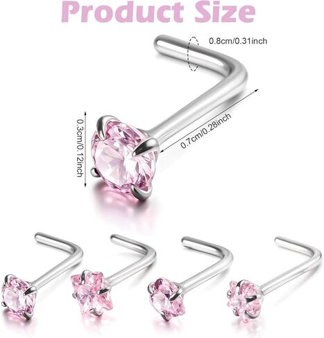 8Pcs Nose Rings Studs 20G Stainless Steel Nose Studs L Shaped Nostril Piercing Jewelry with Pink Cubic Zirconia for Women & Men in Saudi Arabia