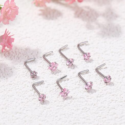 8Pcs Nose Rings Studs 20G Stainless Steel Nose Studs L Shaped Nostril Piercing Jewelry with Pink Cubic Zirconia for Women & Men in Saudi Arabia
