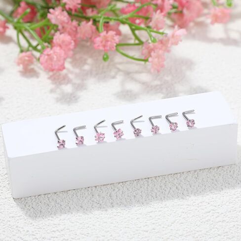 8Pcs Nose Rings Studs 20G Stainless Steel Nose Studs L Shaped Nostril Piercing Jewelry with Pink Cubic Zirconia for Women & Men in Saudi Arabia