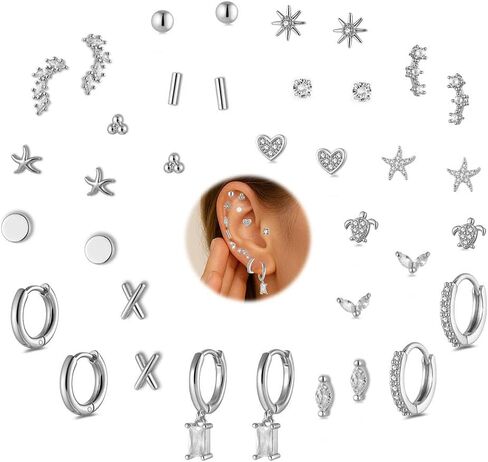 18 Pairs Flat Back Earrings for Women - 18K Hypoallergenic Stainless Steel Small Stud Earrings Set - Minimalist Tiny Gold Hoop, Flower, Heart, Star Earrings for Tiny Screw Back Helix, Lobe Piercing in Saudi Arabia