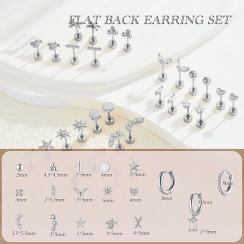 18 Pairs Flat Back Earrings for Women - 18K Hypoallergenic Stainless Steel Small Stud Earrings Set - Minimalist Tiny Gold Hoop, Flower, Heart, Star Earrings for Tiny Screw Back Helix, Lobe Piercing in Saudi Arabia