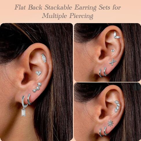 18 Pairs Flat Back Earrings for Women - 18K Hypoallergenic Stainless Steel Small Stud Earrings Set - Minimalist Tiny Gold Hoop, Flower, Heart, Star Earrings for Tiny Screw Back Helix, Lobe Piercing in Saudi Arabia