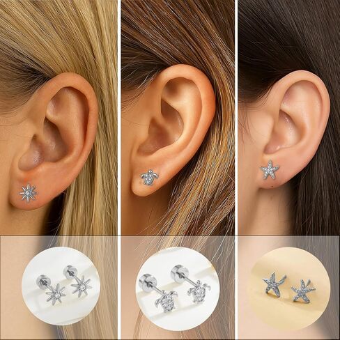 18 Pairs Flat Back Earrings for Women - 18K Hypoallergenic Stainless Steel Small Stud Earrings Set - Minimalist Tiny Gold Hoop, Flower, Heart, Star Earrings for Tiny Screw Back Helix, Lobe Piercing in Saudi Arabia
