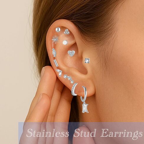 18 Pairs Flat Back Earrings for Women - 18K Hypoallergenic Stainless Steel Small Stud Earrings Set - Minimalist Tiny Gold Hoop, Flower, Heart, Star Earrings for Tiny Screw Back Helix, Lobe Piercing in Saudi Arabia