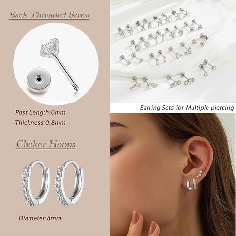 18 Pairs Flat Back Earrings for Women - 18K Hypoallergenic Stainless Steel Small Stud Earrings Set - Minimalist Tiny Gold Hoop, Flower, Heart, Star Earrings for Tiny Screw Back Helix, Lobe Piercing in Saudi Arabia