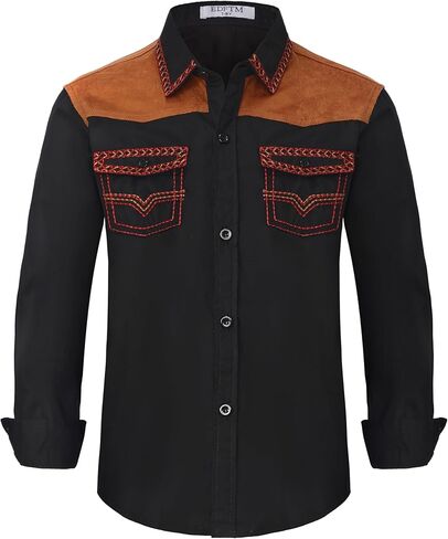 Boy's Western Cowboy Shirt Embroidered Long Sleeve Regular Fit Casual Cotton Button Down Hippie Shirts with Pockets in Kuwait